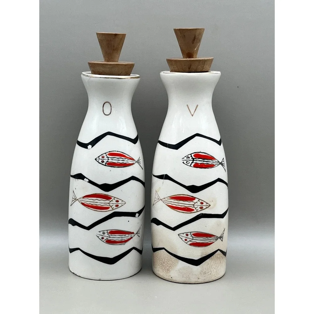 Vtg MCM Ceramic Oil Vinegar Cruet Set Fish Pattern White Red Black 6